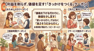 きっかけをつくるのが目的なら、実は値段を下げる必要はありません。価格を下げる代わりに、価値を少し足すという考え方です。
たとえば、お買い上げの方に人気商品の小さなサンプルを添える「おためし付きクーポ