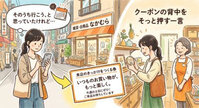 そこで、クーポンの見方を一度切り替えてみましょう。値引きするための券ではなく、来店のきっかけをつくる券だと考えてみるのです。
小売店は、飲食店のように「おなかが空いたから今すぐ」という来店が起こりに