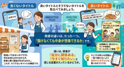 良くないタイトルと良いタイトルの違いを解説するインフォグラフィック。クリックされるためのコツがイラスト付きで説明されています。