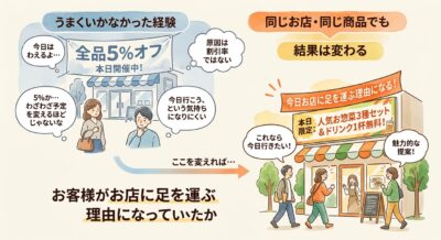 まずは、うまくいかなかった経験を思い出してみてください。原因は割引率ではないことがほとんどです。
たとえば「全品5%オフ」。数字だけを見れば立派なお得情報ですが、読んだお客様の頭に「じゃあ今日行こう