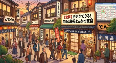 夕暮れ時に賑わう日本の商店街。とんかつ店の看板や多くの人々が歩く様子が暖かな色調で描かれている。