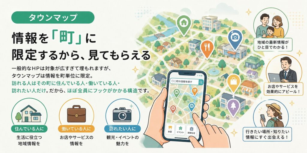 町の地図が映るスマートフォンを操作する手と、地域密着型タウンマップの利点を解説するイラスト。