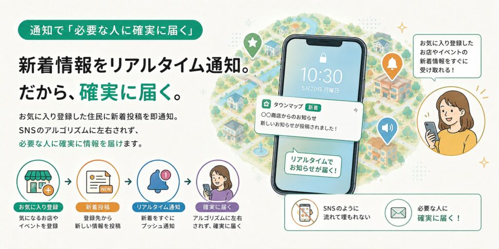 アプリのリアルタイム通知機能を紹介する図。スマホの通知画面と仕組みを示すイラストや説明が配置されている。