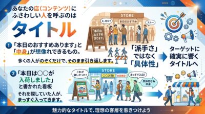 では、どちらの人が来てくれるのか。それを決めているのが、実はタイトルです。
タイトルは、お店の前に出す看板のようなものだとお考えください。「本日のおすすめあります」とだけ書かれた看板の前では、多くの