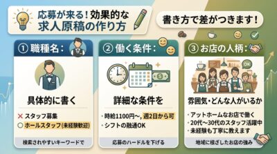 とはいえ、出せば必ず応募が来るというわけではありません。書き方で差がつきます。
ひとつめは職種名です。「スタッフ募集」ではなく「ホールスタッフ（未経験歓迎）」のように、探している人が実際に打ち込む言